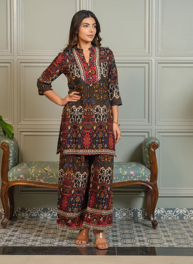 دي دبليو طقم منسق من بلوزة وبنطال بالازو بطبعة أجراك للنساء - Image 3